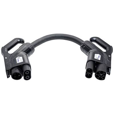 Two black EV charging plugs with a cable between them, on a white background.