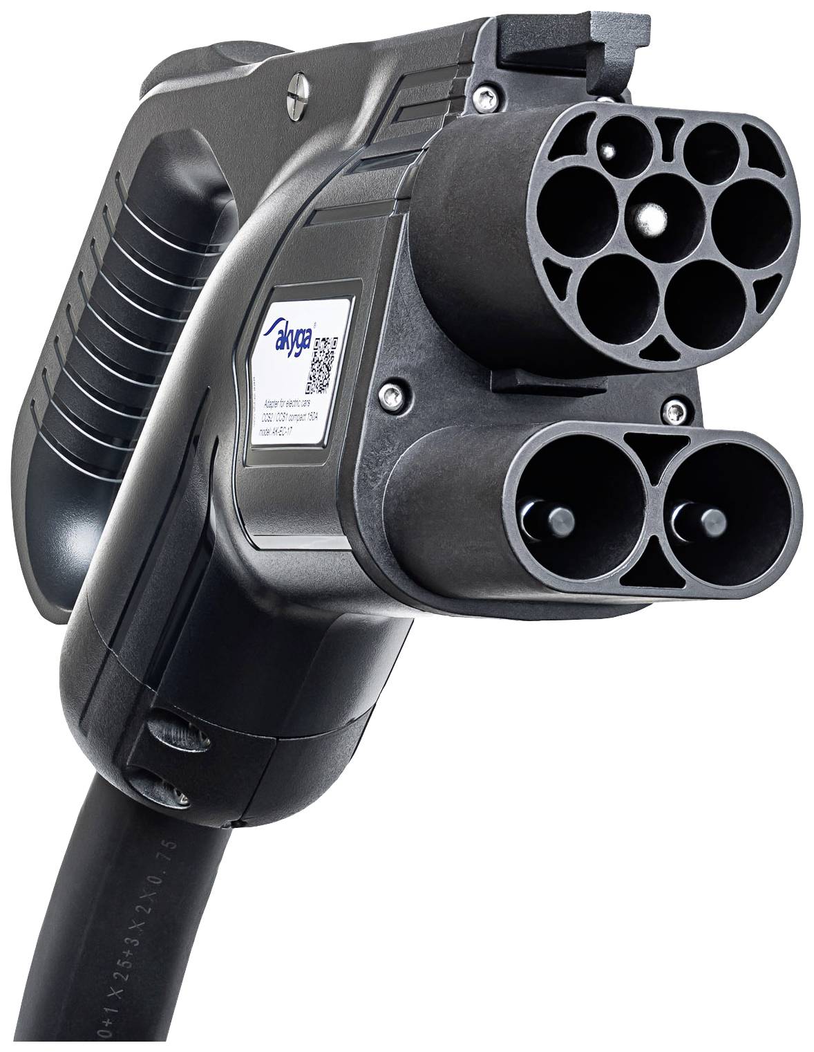 'Close-up of a black electric vehicle charging plug with multiple connection options.'