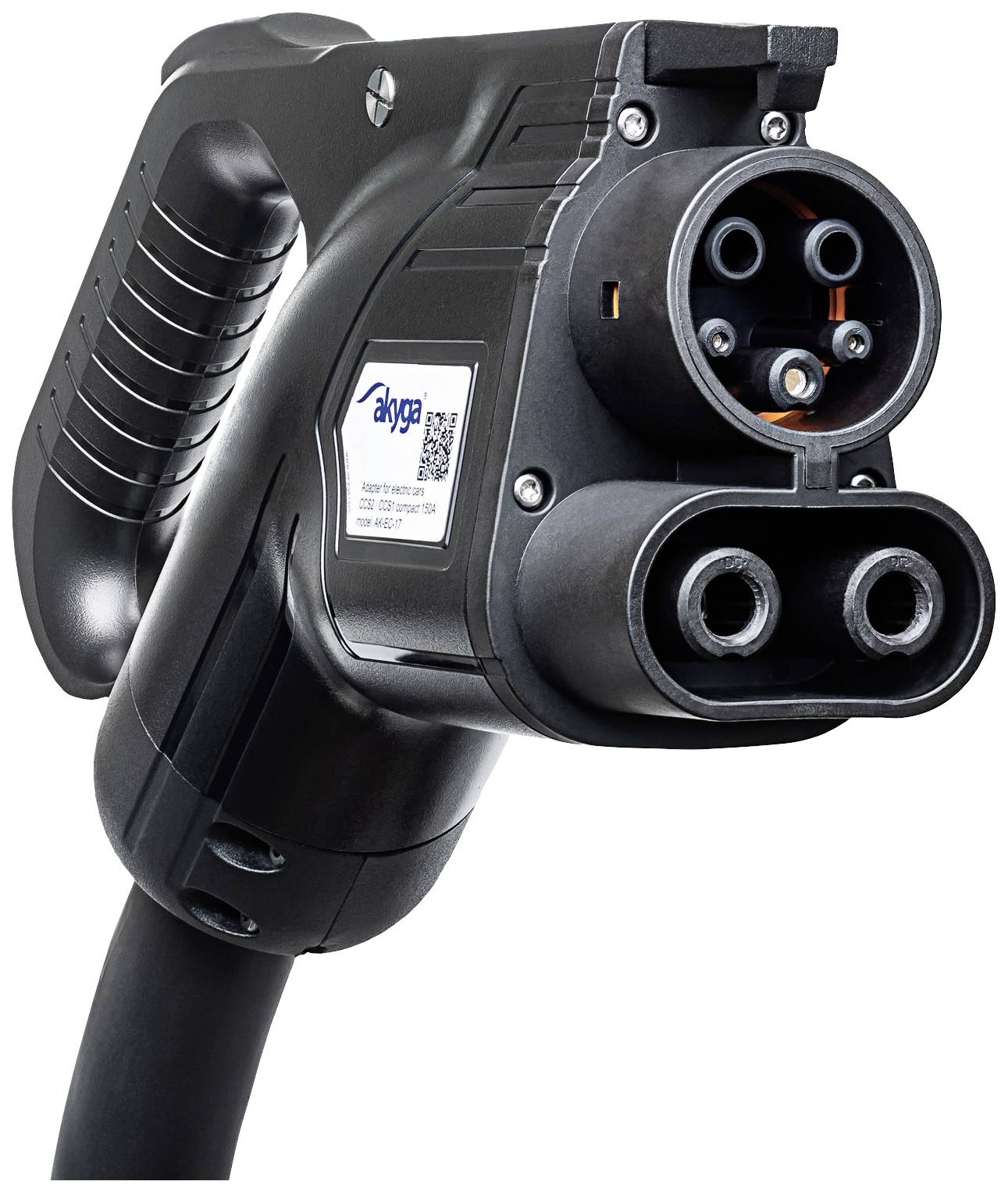 Electric vehicle charging connector with multiple pins and handle. Manufacturer name displayed on the side.