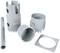 Grey plastic components in various shapes, including pipes and cylinders, which could be used for assembly or construction.