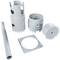 Grey plastic components of a pipe construction: cylinder, pipe, square frame, round cover with holes.