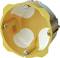 A yellow, round flush-mounted junction box with four screw holes, suitable for electrical installations in walls.