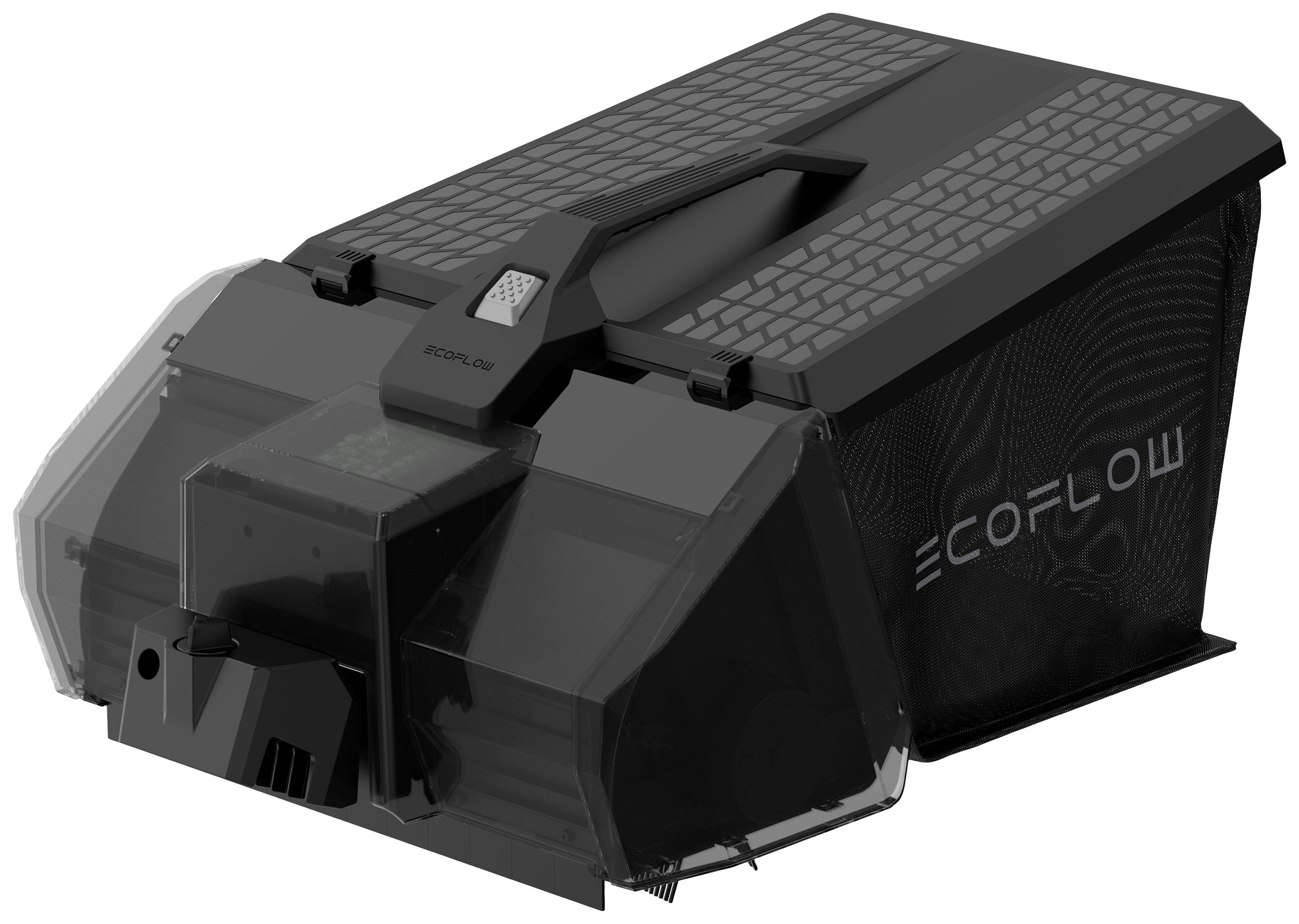 A black EcoFlow device with a transparent casing and grip elements, presumably a portable battery or generator.