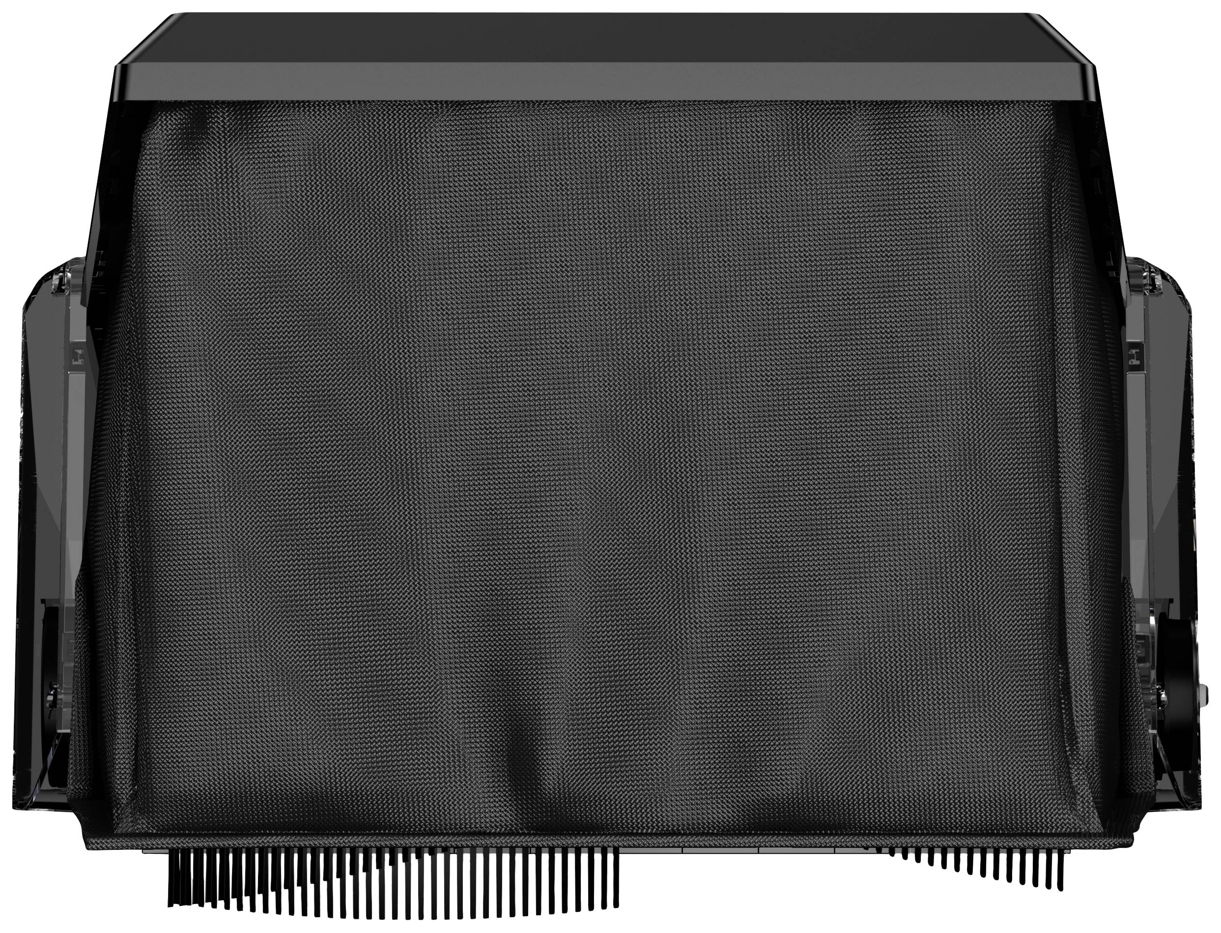 A black lawnmower grass collection box with fine mesh fabric and robust plastic structure, photographed from the front and slightly from above.