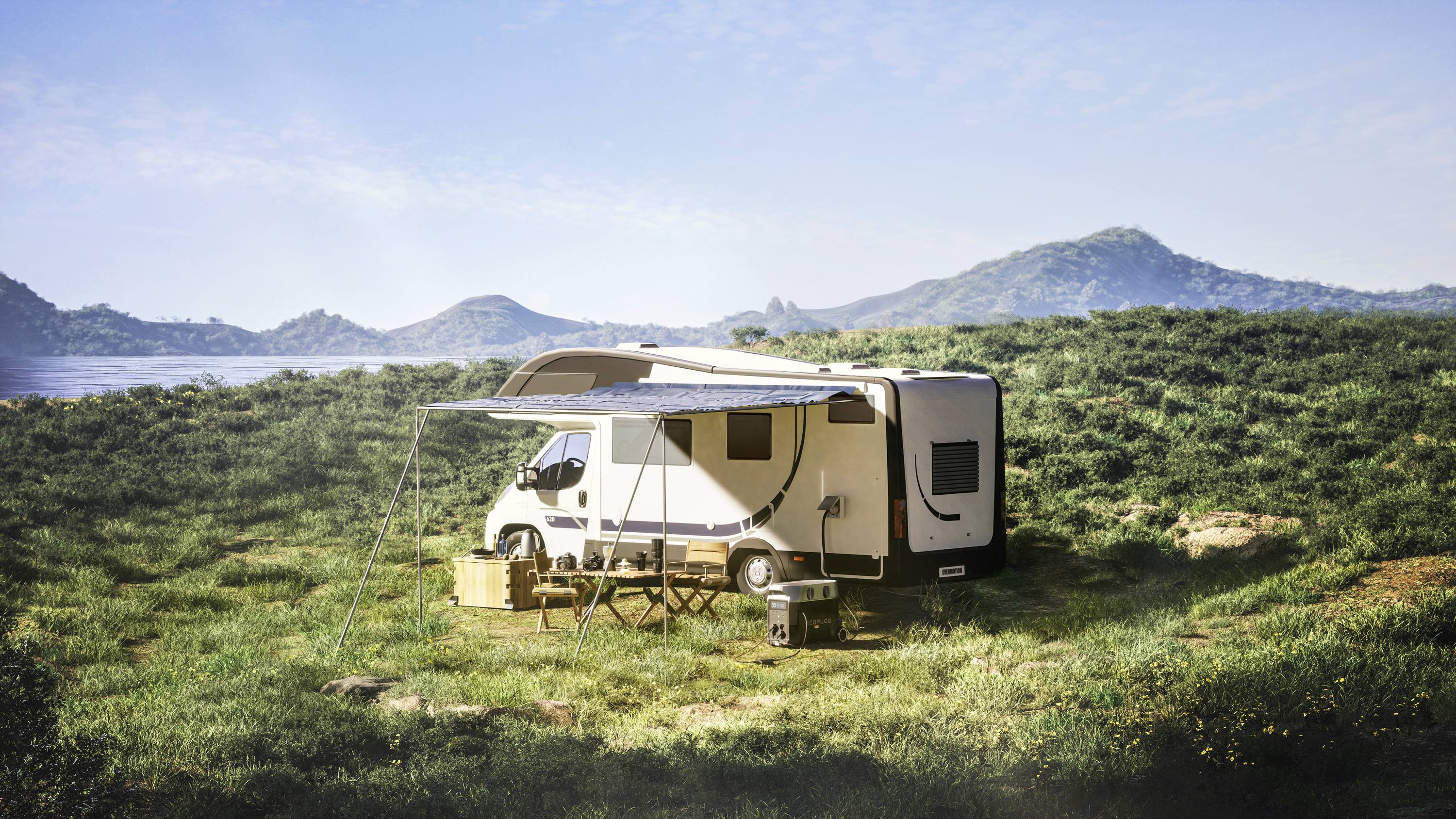 A campervan is parked on a green meadow with an extended awning. Hills and a lake can be seen in the background.