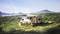A campervan is parked on a green meadow with an extended awning. Hills and a lake can be seen in the background.