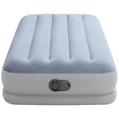 Inflatable bed with a blue, velvet-like surface and an integrated pump mechanism on the side. Perfect for temporary sleeping arrangements.