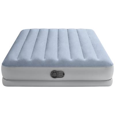 Inflatable mattress in a rectangular shape with a blue top surface and grey sides, fitted with an integrated valve.