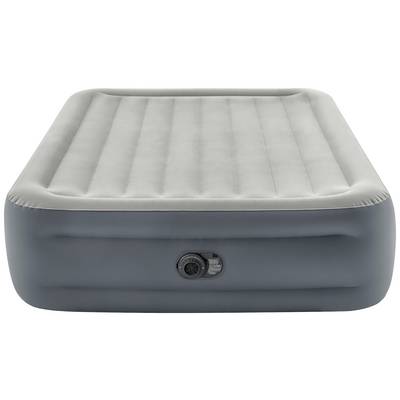 A grey inflatable mattress with an integrated pump on the side, lying on a white background. Ideal for camping or guests.