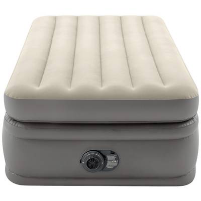 Inflatable Air Bed with Integrated Pump. Beige Velour Surface, Dark Grey Frame, Double-Layer Construction.