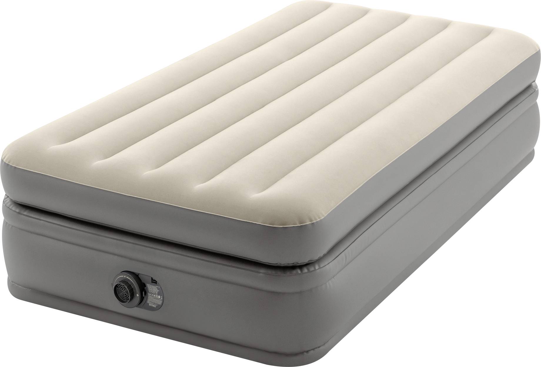 An inflatable mattress with an integrated electric pump, grey underside and beige sleeping surface, suitable for indoor use.