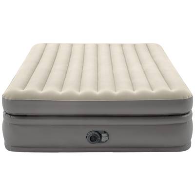 Inflatable mattress with integrated pump in beige and grey. Suitable for indoor use, providing comfort and support.