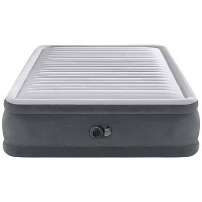 Inflatable grey air mattress with built-in pump on white background. Textured surface for added comfort.