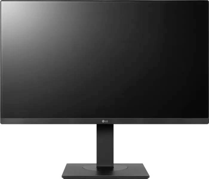 A black, flat computer monitor with a slim bezel and minimalist stand, currently displaying no content.