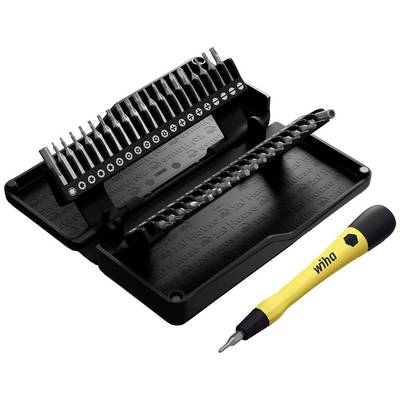 A set of screwdriver bits with a yellow and black handle. The set includes various bit types in a compact case.