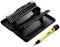 A set of screwdriver bits with a yellow and black handle. The set includes various bit types in a compact case.