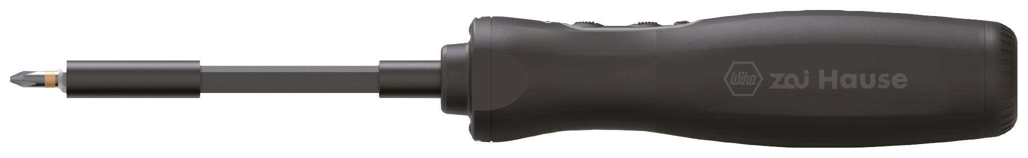 Black screwdriver with ergonomic handle, medium cross-head tip and 'Tool House' inscription on the handle.