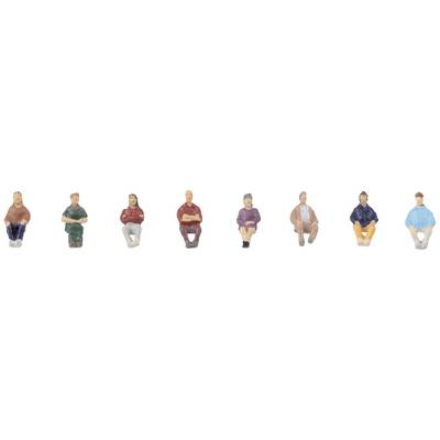A row of eight miniature figures sits side by side, each in different poses and colourful clothing.