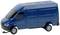 Blue model of a delivery van with a closed box body. The wheels are black with silver rims.