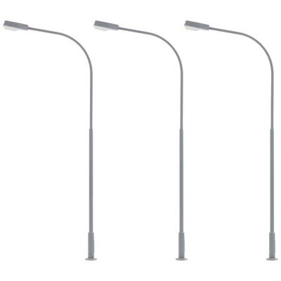 Three identical, graceful standard lamps in a row, each with a curved neck and downward-facing lights, against a white background.