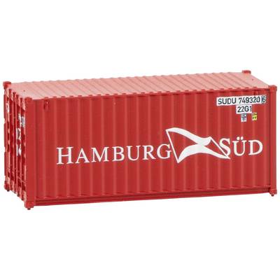 A red freight container with the inscription 'Hamburg Süd' and a serial number on its side.