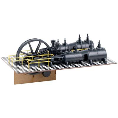 A detailed model of a historical steam engine with a large gear wheel and cylinders mounted on a chequered base.