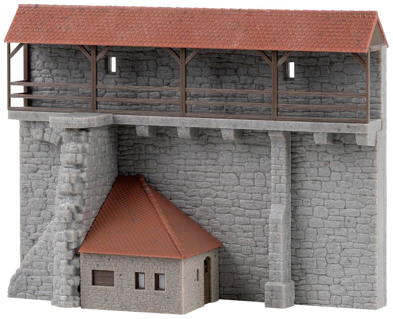 Illustration of part of a castle wall with a small tiled-roof building underneath and a wooden walkway on top.
