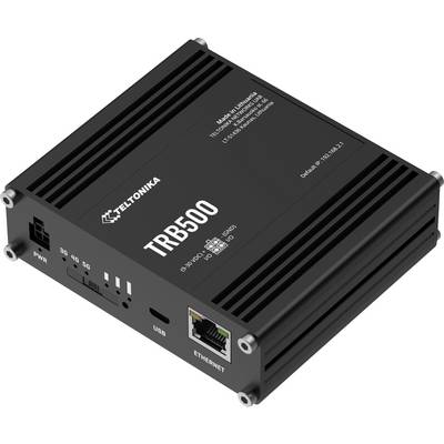 Teltonika TRB500 industrial 5G router/modem in a black metal enclosure with Ethernet and USB ports.
