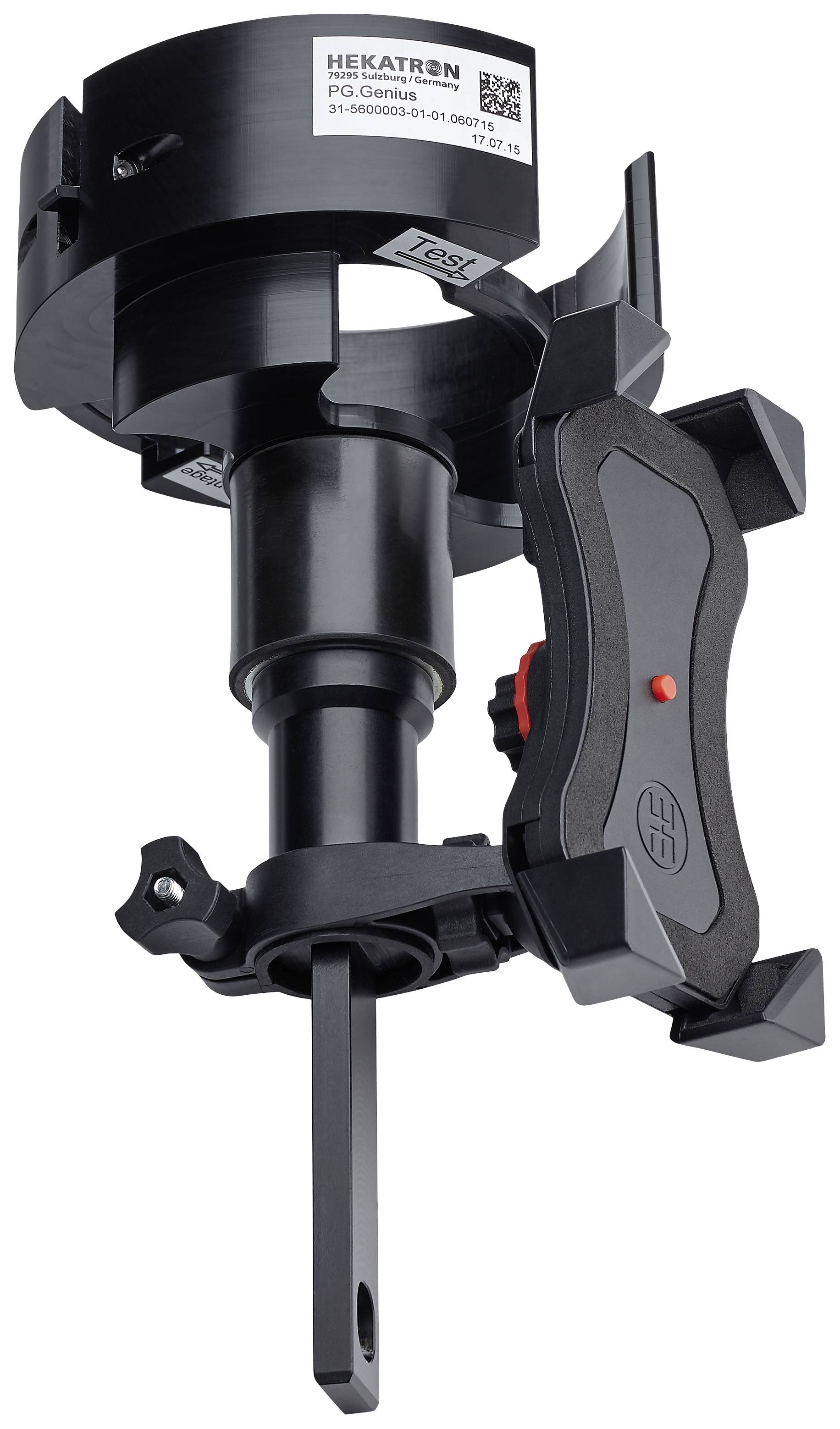 Black, round measuring device with digital display and mounting bracket. The company name and model number are printed on the top.