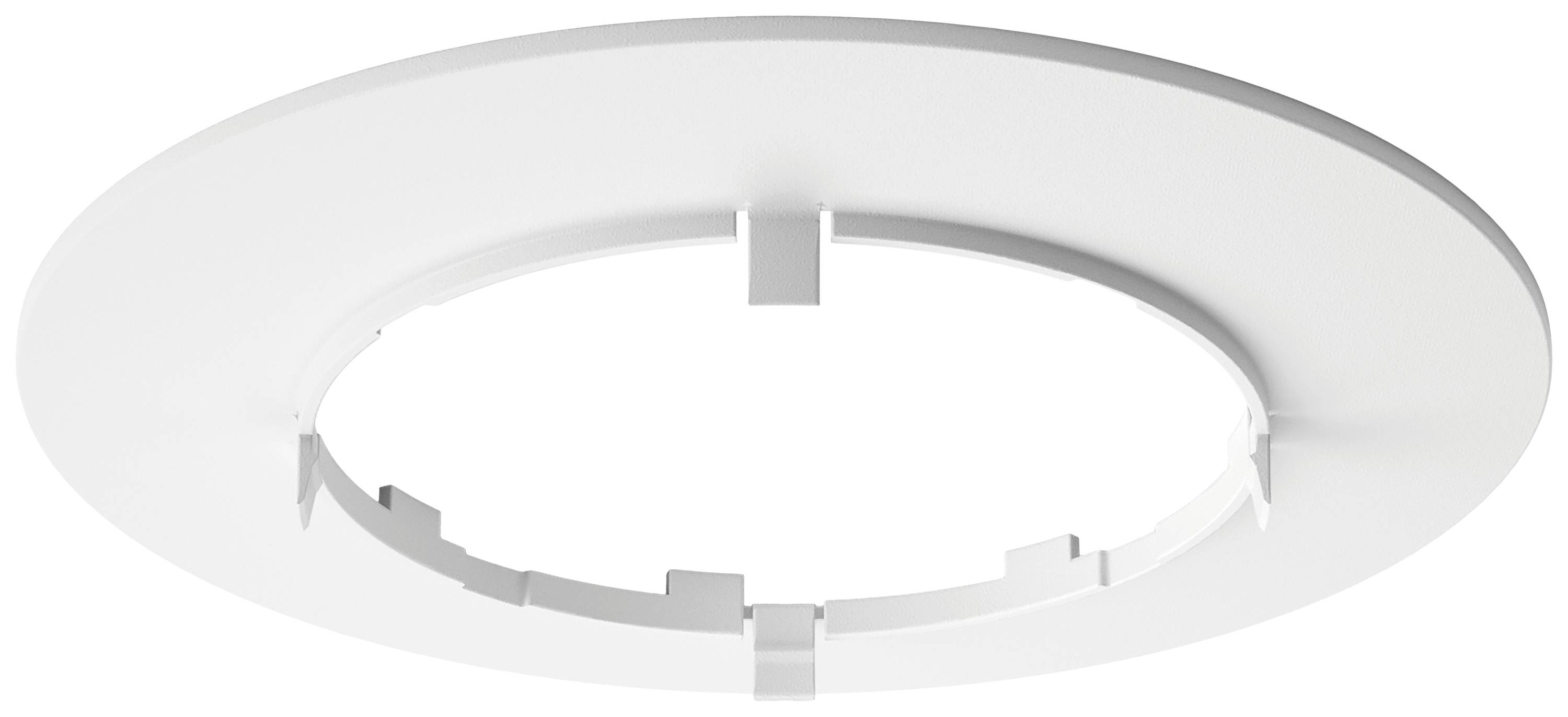A round, white mounting adapter for ceiling installation, compatible with recessed lights, featuring multiple mounting points around the edge.