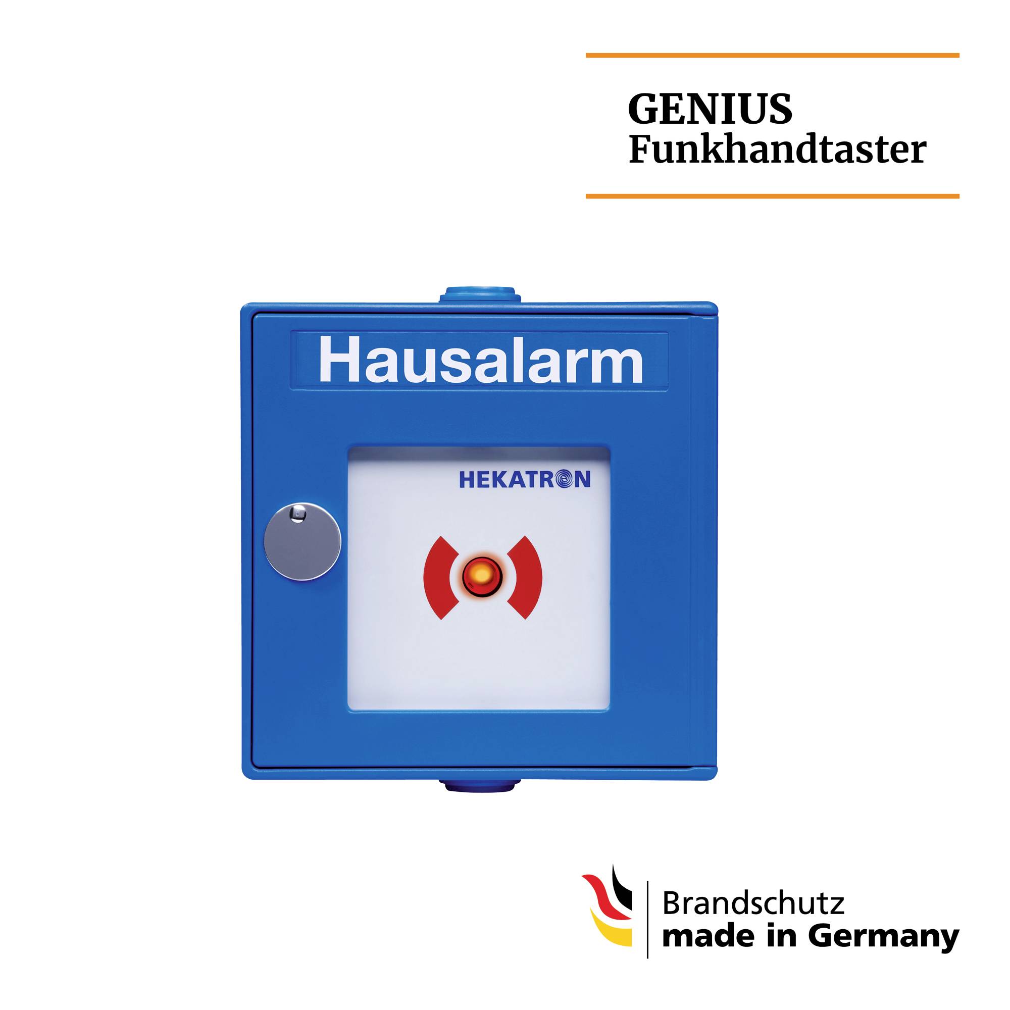 'Blue wireless hand transmitter with the inscription "House Alarm", next to a logo with the text GENIUS Wireless Hand Transmitter and Fire Protection, made in Germany.'