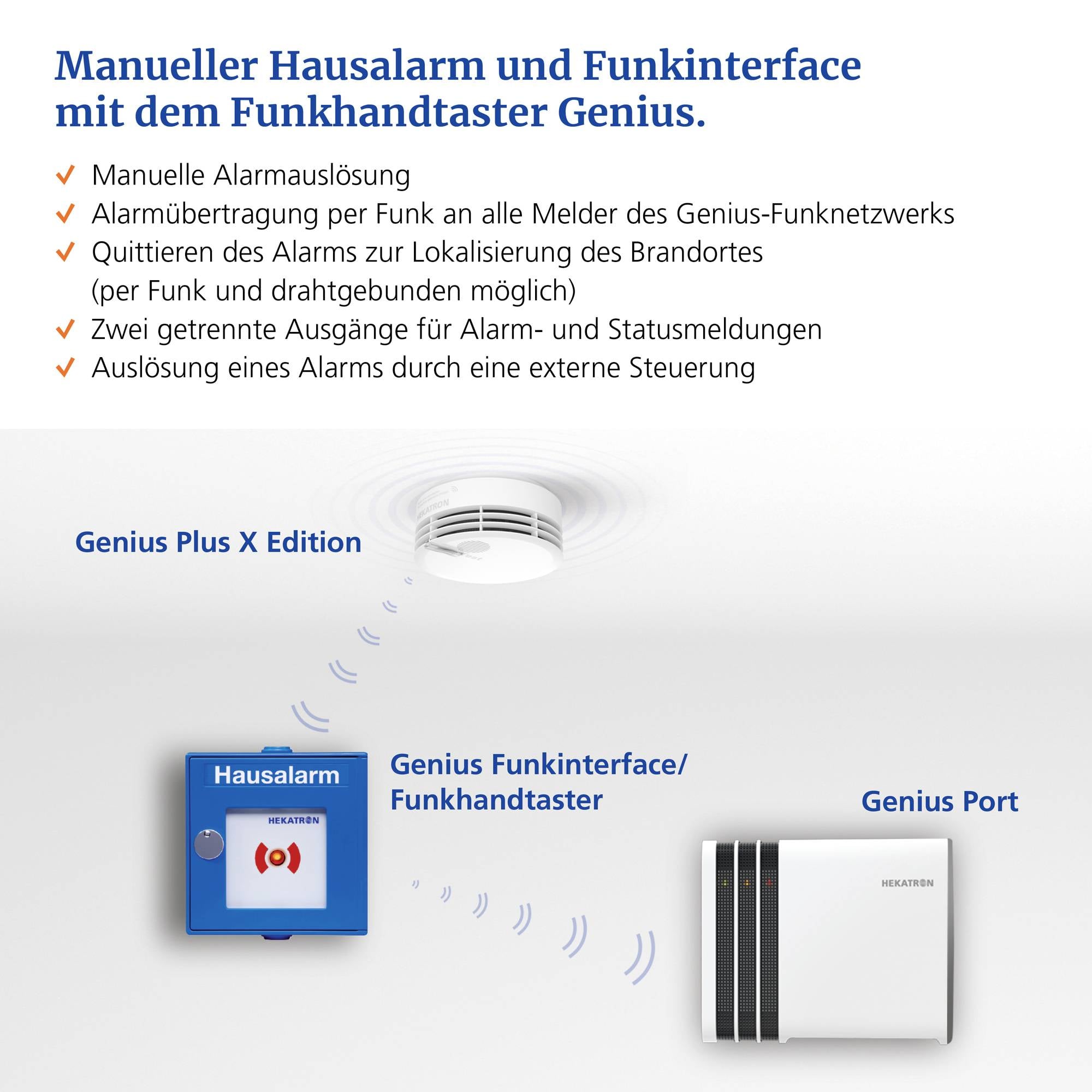 House alarm system with wireless hand-held transmitter, wireless interface and Genius Port for control and monitoring. Manual or automatic alarm activation.