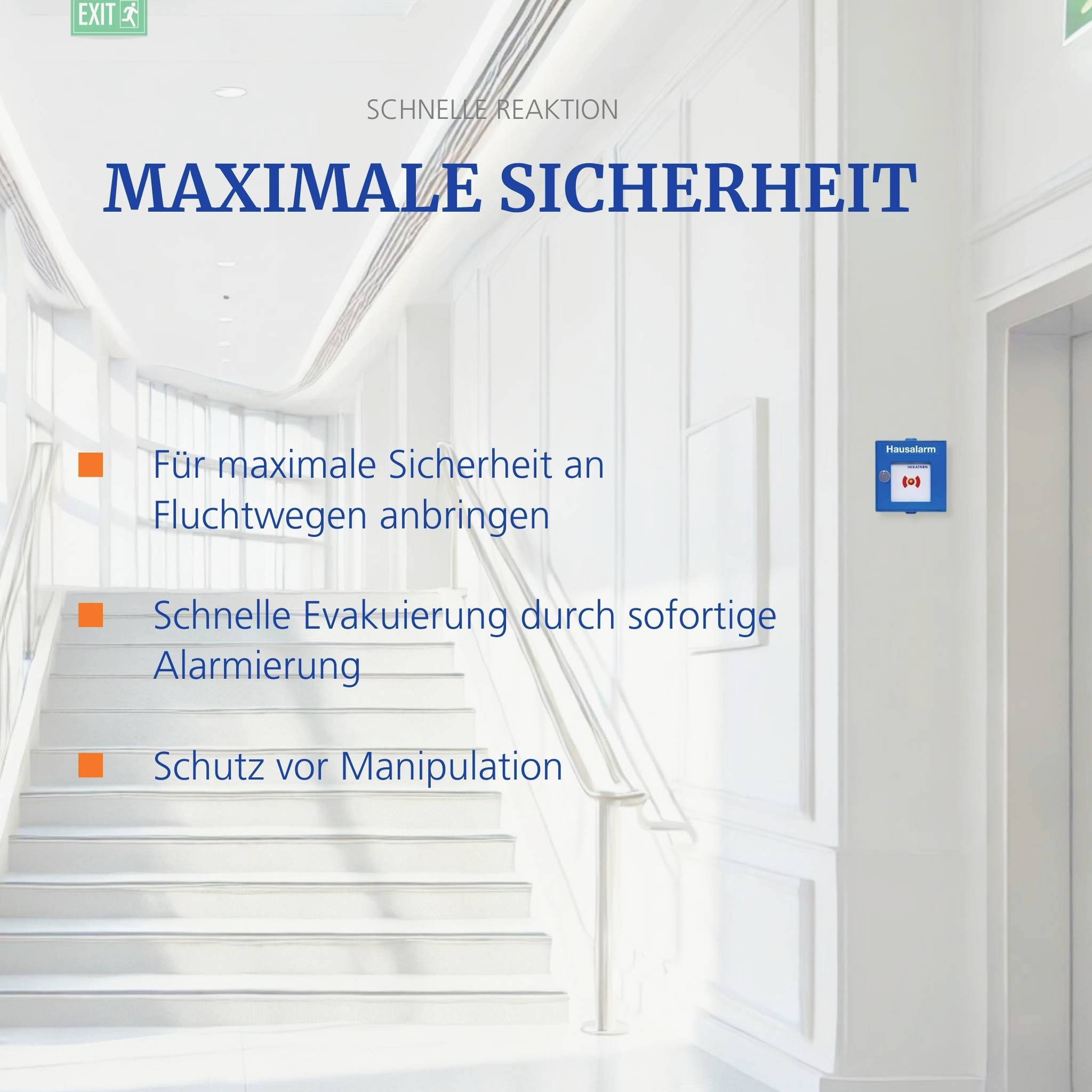 'Maximale Sicherheit' text above a modern stairway. Lists: 'An Fluchtwege anbringen', 'Schnelle Evakuierung', 'Schutz vor Manipulation'.