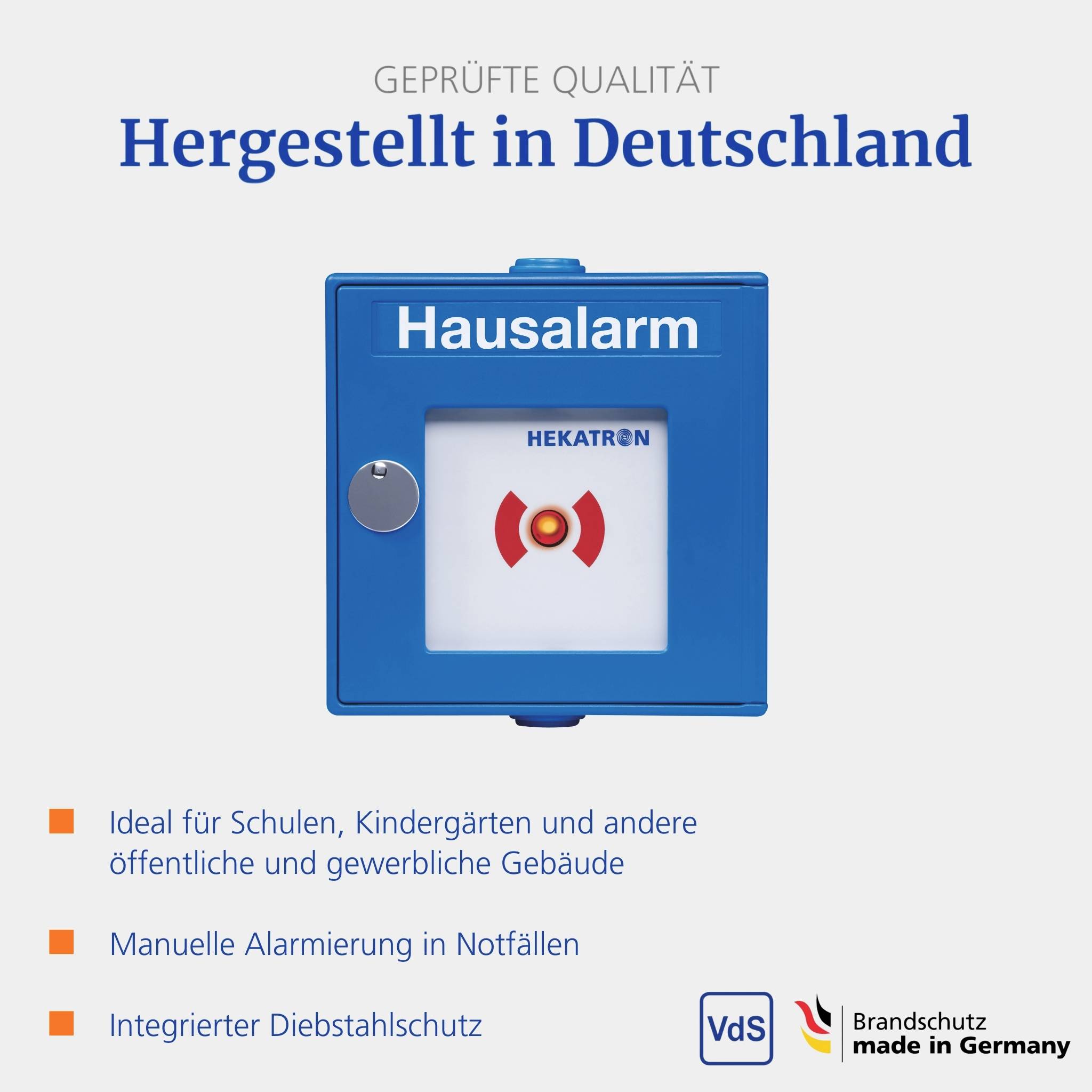 A blue 'Hausalarm' button labeled 'Hekatron', with text above saying 'Hergestellt in Deutschland'. Ideal for public and commercial spaces.