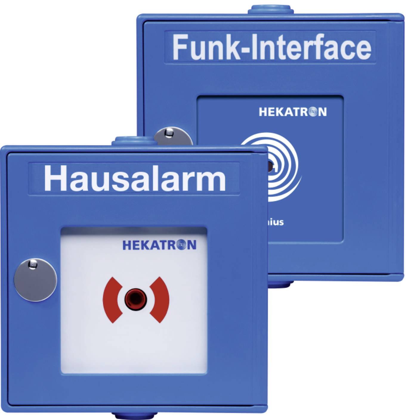 Two blue emergency devices. On the left: 'House Alarm' with a red button symbolising an alarm. On the right: 'Radio Interface' with Hekatron logo, showing radio connection.