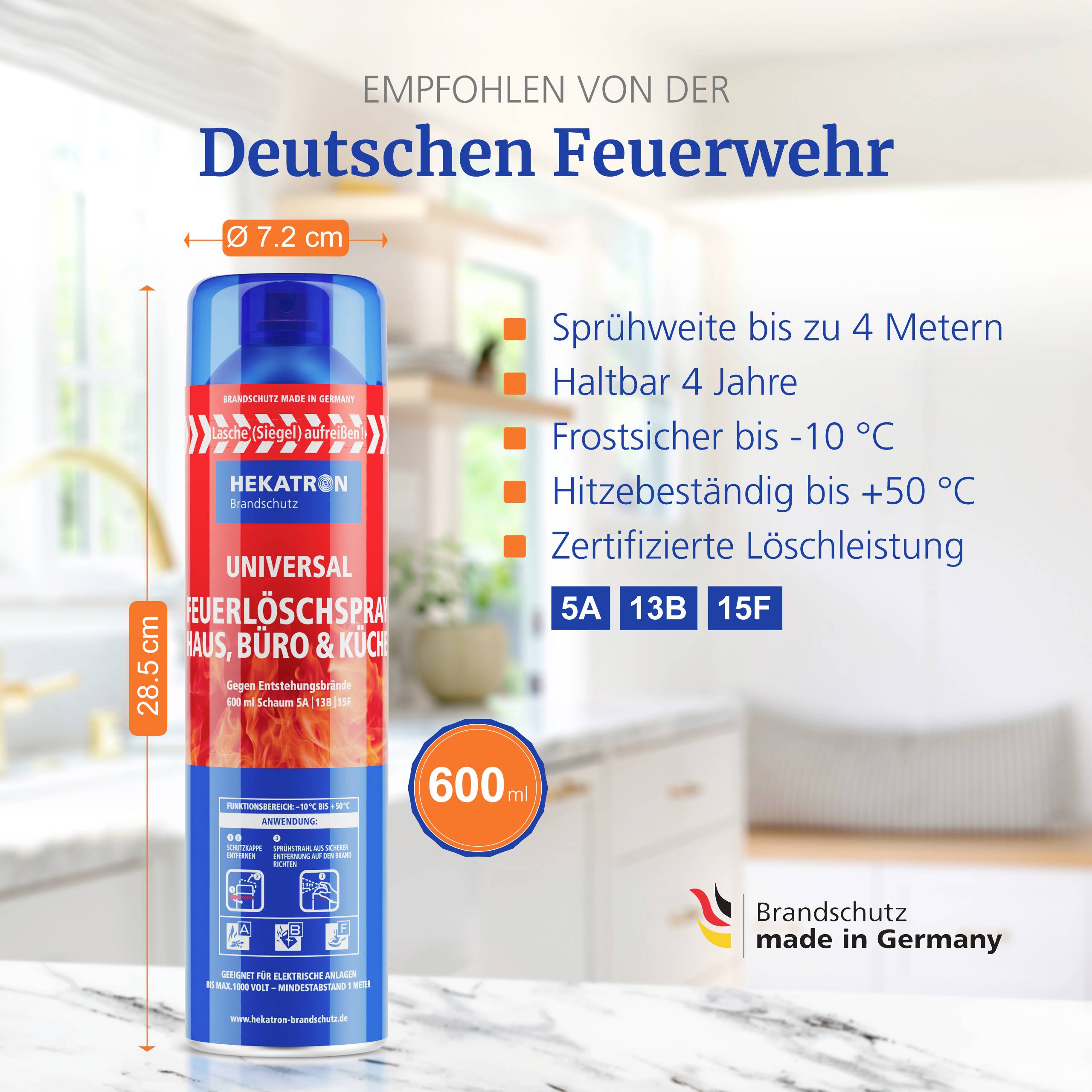 'A recommended fire extinguisher by the German Fire Brigade is shown, highlighting features like 4-meter spray range, and temperature endurance from -10°C to +50°C.'