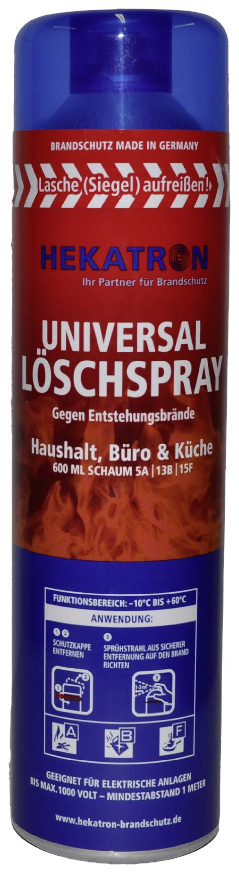 'Spray can with Hekatron Universal Fire Extinguishing Spray for home, office and kitchen. Suitable for tackling emerging fires. 600 ml contents.'