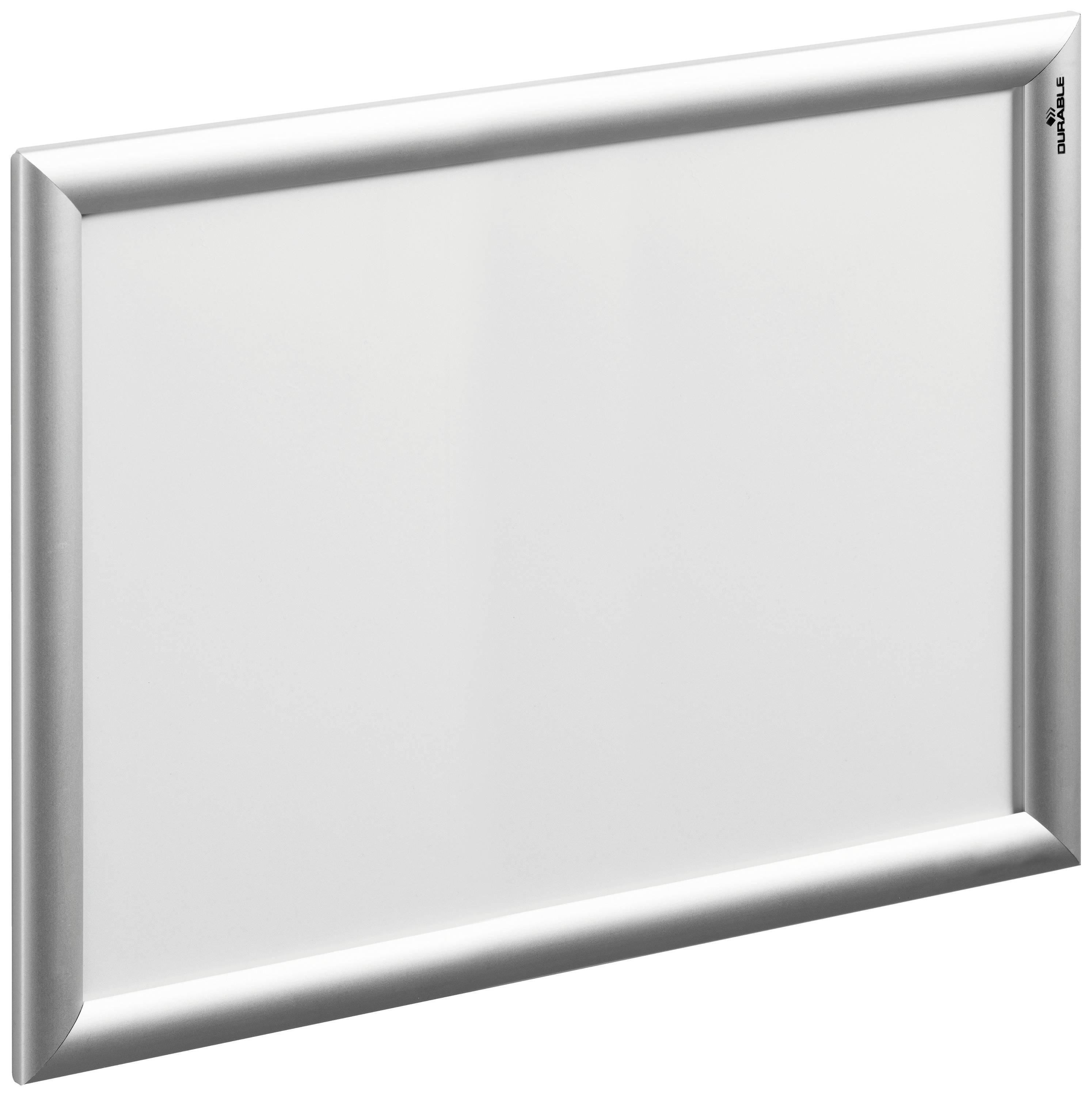 An empty, silver picture frame with a rectangular shape, shown from a slight side perspective.