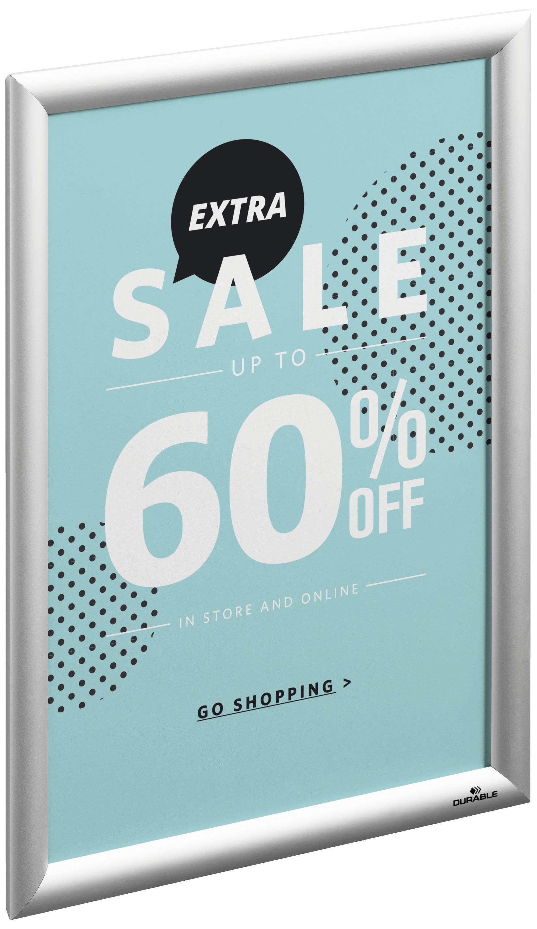 Advertising poster with the text 'Extra Sale Up to 60% Off in Stores and Online'. Background in light blue with black dots.