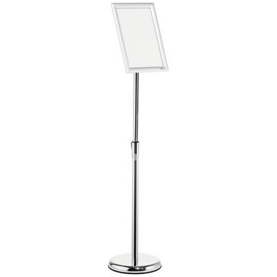 A chrome-plated stand with an empty, adjustable shield on top. The stand is mounted on a round base.
