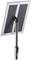A stand with an adjustable holder for a sign or poster, made of metal, with a black back and silver frame.
