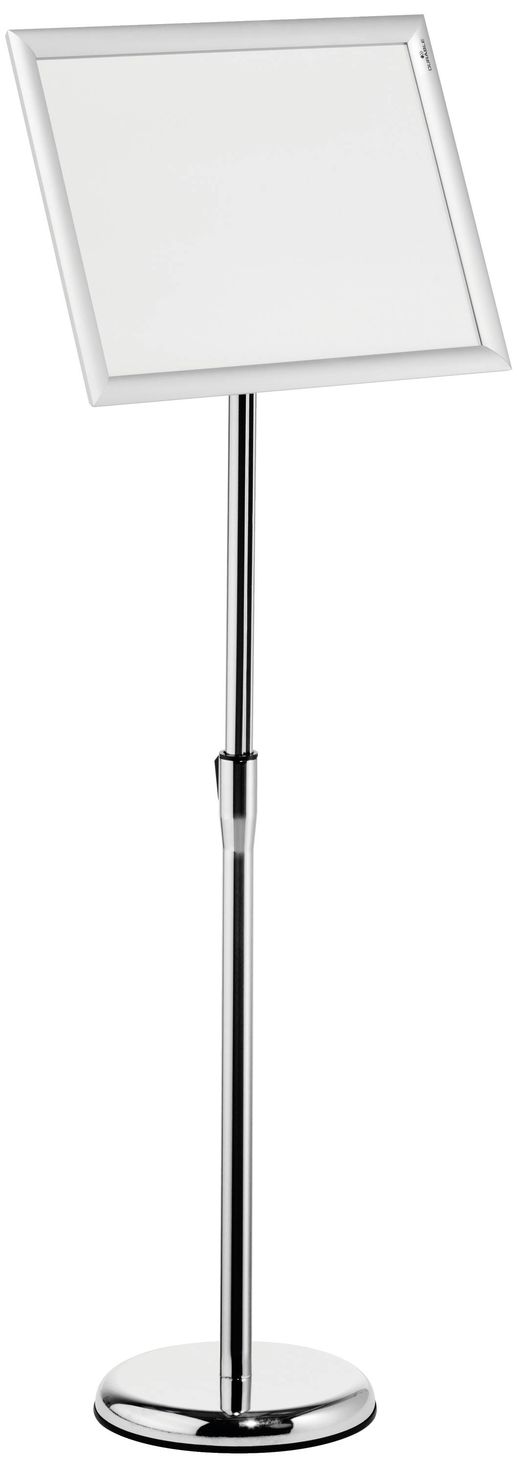 A silver, height-adjustable lectern sign with an empty, rectangular frame at the top, suitable for presentation or information purposes.