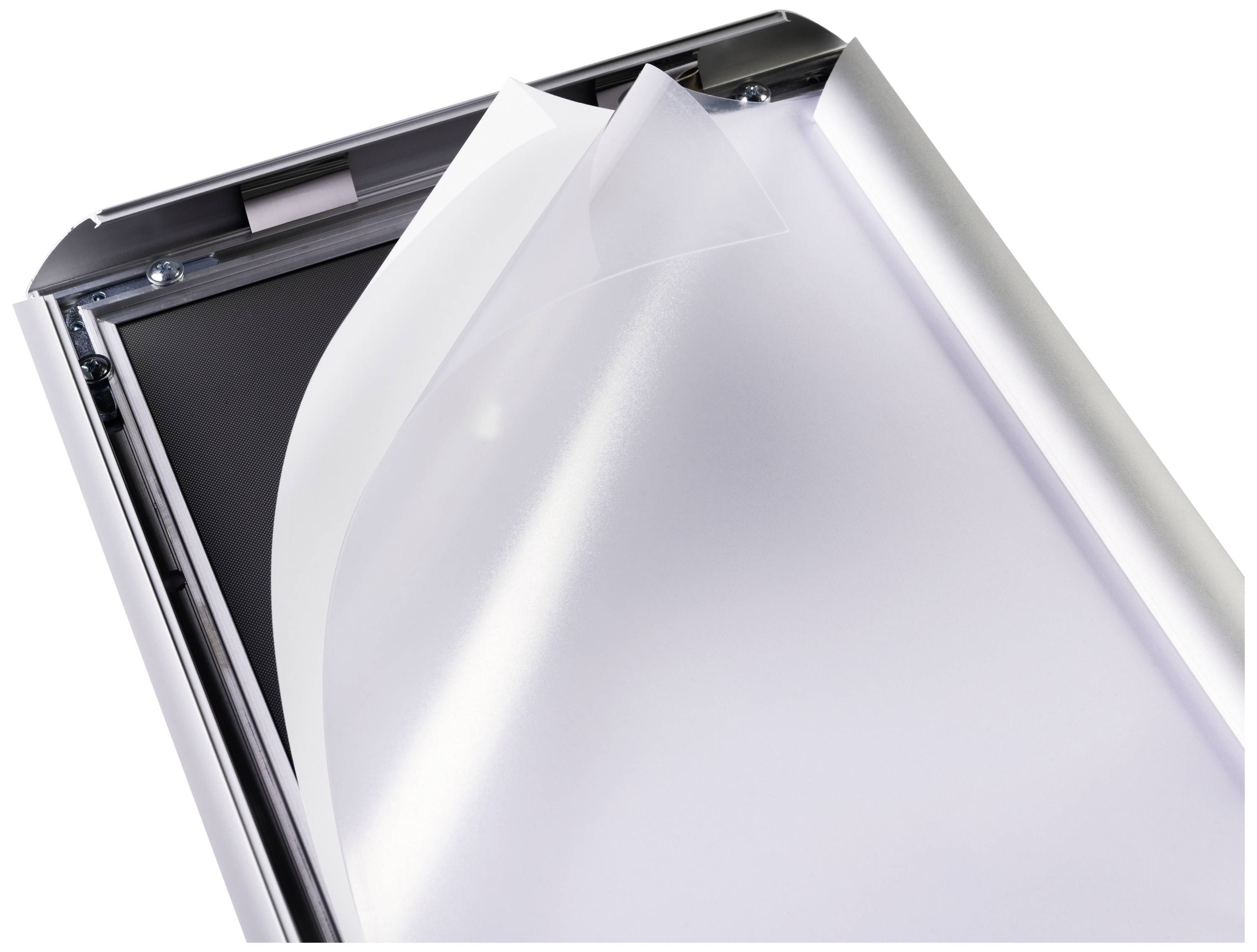 A silver, empty aluminium folding frame with a transparent cover, partially open, on a white background.