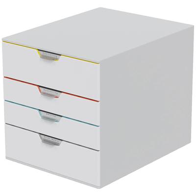 A grey drawer system with four colour-coded handles: yellow, red, blue, and green.