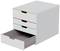 A white desk organiser with four drawers, three of which are closed and differently colour-coded, and one open.
