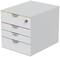A white drawer cabinet with four colour-coded drawers and a lock on the side.