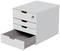 A grey drawer cabinet with three drawers, one of which is open. It has a lock in the top right-hand corner.