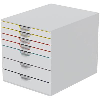 A grey drawer unit with six drawers in different colours, labelled 'Creativity', 'Print Media', 'Budget', 'Meeting Plan', 'Supplies', 'Client List'.