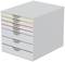 A grey drawer unit with six drawers in different colours, labelled 'Creativity', 'Print Media', 'Budget', 'Meeting Plan', 'Supplies', 'Client List'.