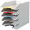 A stack of six filing trays in different colours: yellow, red, blue, grey, black. They are stacked on top of each other.